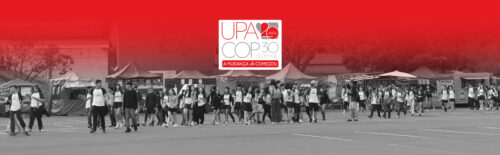 Visitantes da UPA e selo da COP30 junto com sela da UPA